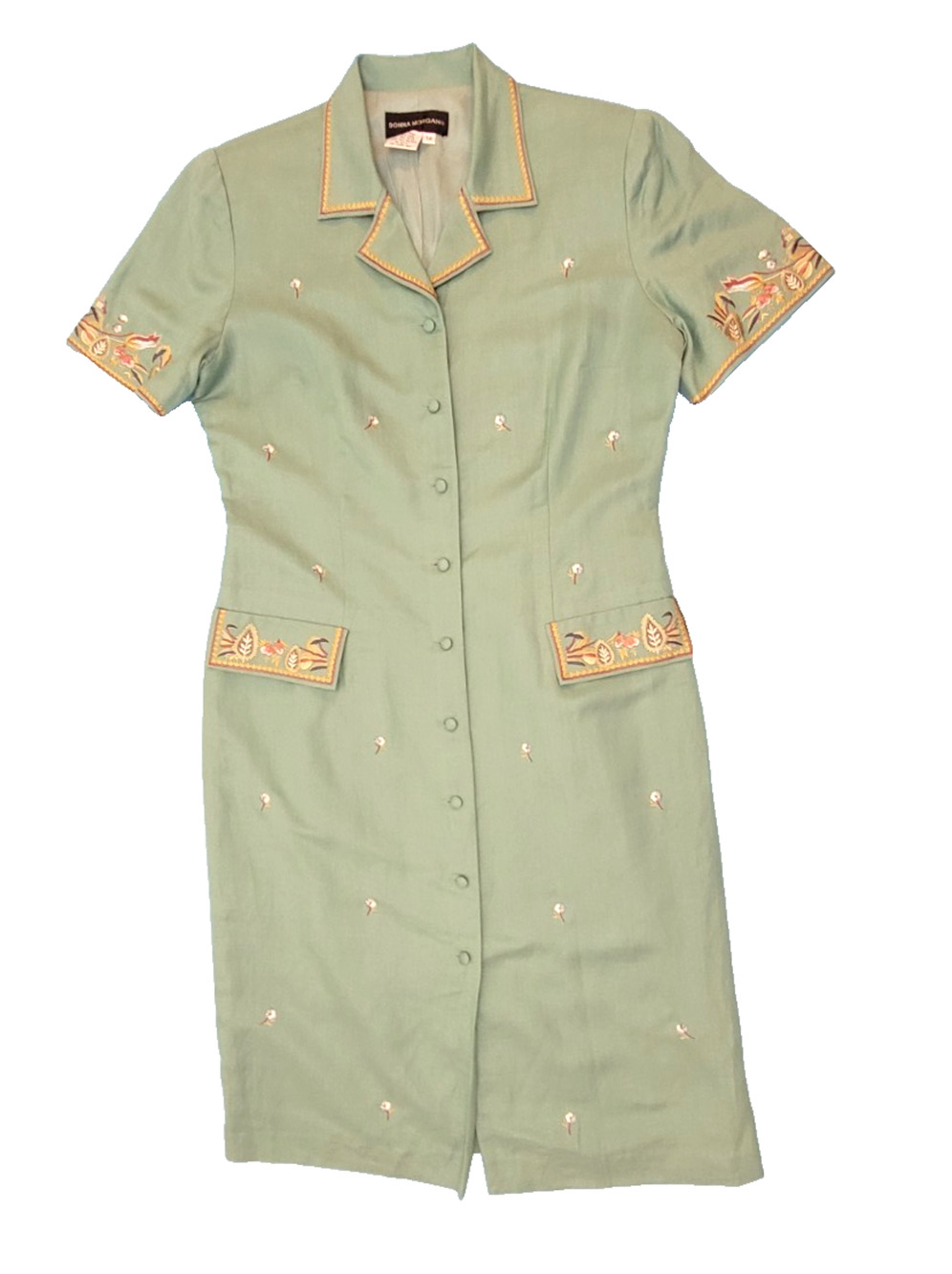 Donna Morgan Linen Blend Embroidered Church Dress Green Button Up Size 14 Y2K